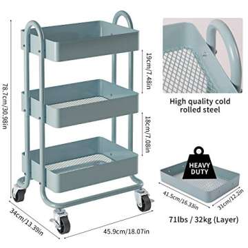 MIOCASA 3-Tier Metal Utility Rolling Cart, Heavy Duty Multifunction Cart with Lockable Casters, Easy to Assemble, Suitable for Office, Bathroom, Kitchen, Garden