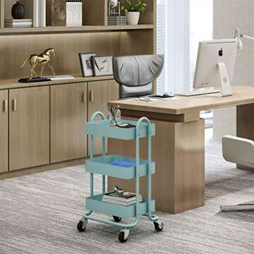 MIOCASA 3-Tier Metal Utility Rolling Cart, Heavy Duty Multifunction Cart with Lockable Casters, Easy to Assemble, Suitable for Office, Bathroom, Kitchen, Garden