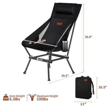 AnYoker Camping Chair, Compact Backpacking Chair, Portable Folding Chair, Beach Chair with Side Pocket and headrest, Lightweight Hiking Chair 188ZZ-SJB (Black)