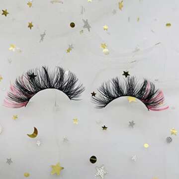 KSYOO Colored Lashes 12-20mm Mink Lashes 3D Fluffy Volume False Pink Eyelashes Wispy Long Strip Eye Lashes for Party Eye Makeup 1 Pair (Pink Style-01)