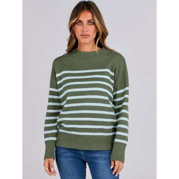 ANRABESS Women Fall Fashion Striped Long Sleeve Sweater - Cozy Knit Crewneck Tops