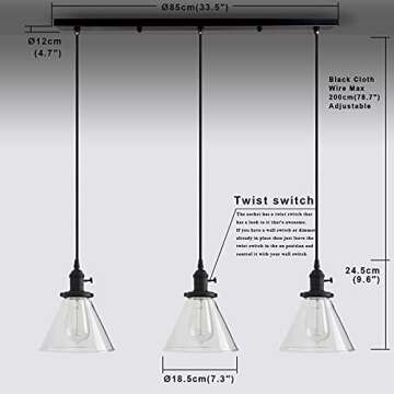 PERMO Vintage Rustic Industrial 3-Lights Kitchen Island Chandelier Triple 3 Heads Pendant Hanging Ce...