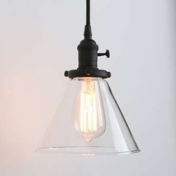 PERMO Vintage Rustic Industrial 3-Lights Kitchen Island Chandelier Triple 3 Heads Pendant Hanging Ceiling Lighting Fixture with Funnel Flared Clear Glass Shade (Black)