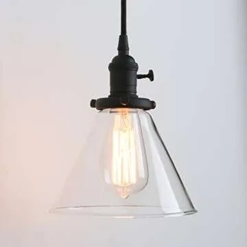 PERMO Vintage Rustic Industrial 3-Lights Kitchen Island Chandelier Triple 3 Heads Pendant Hanging Ceiling Lighting Fixture with Funnel Flared Clear Glass Shade (Black)