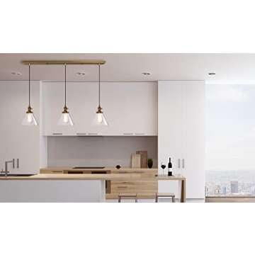 PERMO Vintage Rustic Industrial 3-Lights Kitchen Island Chandelier Triple 3 Heads Pendant Hanging Ceiling Lighting Fixture with Funnel Flared Clear Glass Shade (Black)