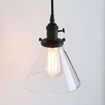 PERMO Vintage Rustic Industrial 3-Lights Kitchen Island Chandelier Triple 3 Heads Pendant Hanging Ceiling Lighting Fixture with Funnel Flared Clear Glass Shade (Black)