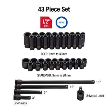Sunex 2569, 1/2" Drive Master Impact Socket Set, 43Piece, Metric, 9mm - 30mm, Standard/Deep, Cr-Mo Alloy Steel, Radius Corner Design, Heavy Duty Storage Case, Universal Joint & Impact Extensions