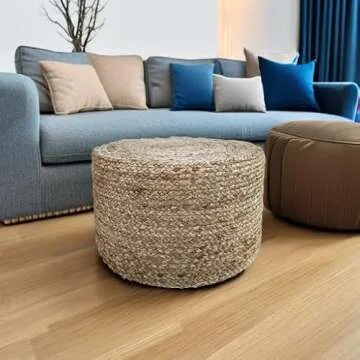 S & L Homes Pouf Ottoman - 100% Natural Jute Braided- Footrest Pouf Hand Knitted - Traditional Cord Boho Pouffe - for The Living Room, Bedroom, Nursery, Patio, Lounge (18”x18”x12”)