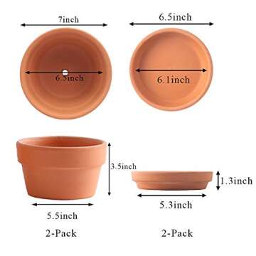 Yishang 7 Inch Terracotta Shallow Planters with Saucer/Tray,Ceramic Flower Clay Plant Pots with Drai...