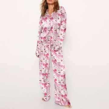 Satin Silk Christmas Pajamas Set for Women Cute Santa Claus Pjs Button Up Shirt+Pants 2 Piece Xmas J...