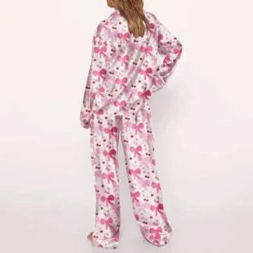 Satin Silk Christmas Pajamas Set for Women Cute Santa Claus Pjs Button Up Shirt+Pants 2 Piece Xmas Jammies(Aa Bow Cherry,Medium