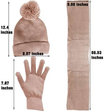 Women Girls Knit Beanie Hat Scarf and Gloves Set, Winter Soft Warm Thick Fleece Lined Knit Hat with Pompom, Gloves and Scarf