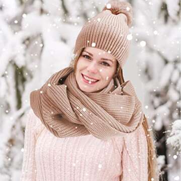Women Girls Knit Beanie Hat Scarf and Gloves Set, Winter Soft Warm Thick Fleece Lined Knit Hat with Pompom, Gloves and Scarf