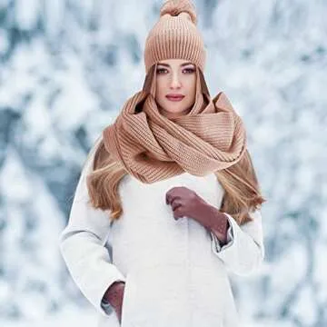 Women Girls Knit Beanie Hat Scarf and Gloves Set, Winter Soft Warm Thick Fleece Lined Knit Hat with Pompom, Gloves and Scarf