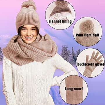 Women Girls Knit Beanie Hat Scarf and Gloves Set, Winter Soft Warm Thick Fleece Lined Knit Hat with Pompom, Gloves and Scarf