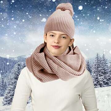 Women Girls Knit Beanie Hat Scarf and Gloves Set, Winter Soft Warm Thick Fleece Lined Knit Hat with Pompom, Gloves and Scarf