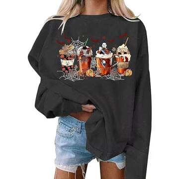 VKEGNIO Halloween Sweatshirt Women Horror Movie Pumpkin Coffee Graphic Sweatshirts Halloween Shirts ...