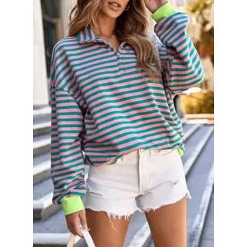 EVALESS Womens Sweatshirt 2024 Fall Outfits for Women Oversized Striped Long Sleeve Shirts Cute Comfort Color Sweatshirts Fashion Loose Quarter Zip Pullover Tops Rose Pink Puff Hoodless Hoodie Medium