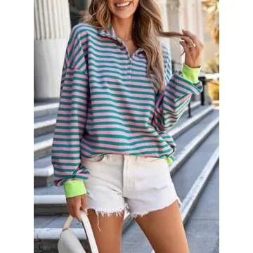 EVALESS Womens Sweatshirt 2024 Fall Outfits for Women Oversized Striped Long Sleeve Shirts Cute Comfort Color Sweatshirts Fashion Loose Quarter Zip Pullover Tops Rose Pink Puff Hoodless Hoodie Medium