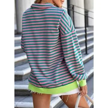 EVALESS Womens Sweatshirt 2024 Fall Outfits for Women Oversized Striped Long Sleeve Shirts Cute Comfort Color Sweatshirts Fashion Loose Quarter Zip Pullover Tops Rose Pink Puff Hoodless Hoodie Medium