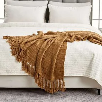 HORIMOTE HOME Thick Chunky Teddy Brown Knitted Throw Blanket for Couch Chair Sofa Bed, Chic Boho Style Textured Basket Weave Pattern Blanket with Decorative Fringe, 50"x60"
