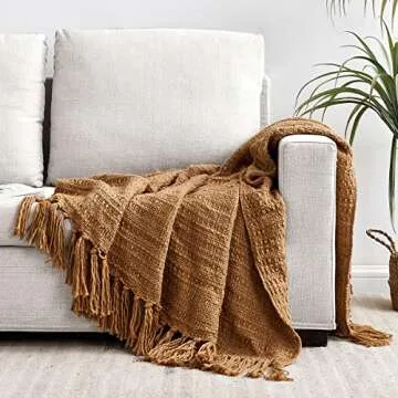 HORIMOTE HOME Thick Chunky Teddy Brown Knitted Throw Blanket for Couch Chair Sofa Bed, Chic Boho Style Textured Basket Weave Pattern Blanket with Decorative Fringe, 50"x60"
