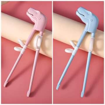 Jawbush Dinosaur Training Chopsticks for Kids Bonus with 2 Kids Forks, Reusable Kids Utensils for Lunch Box, BPA Free Dishwasher Safe, Light Blue & Pink, 2 Pairs