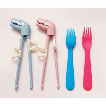 Jawbush Dinosaur Training Chopsticks for Kids Bonus with 2 Kids Forks, Reusable Kids Utensils for Lunch Box, BPA Free Dishwasher Safe, Light Blue & Pink, 2 Pairs