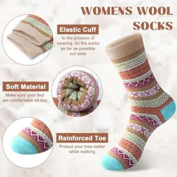 Pack of 5 Womens Vintage Style Cotton Knitting Wool Warm Winter Fall Crew Socks, Mixed Color 1, One ...