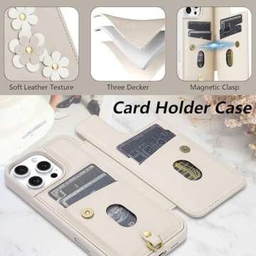 rongki for iPhone 16 Pro Case, Wallet with Card Holder, Cute Flower Design Crossbody Phone Purse for Women, PU Leather Magnetic Kickstand Shockproof Cover with Wrist Strap Phone Case 6.3" (Beige)