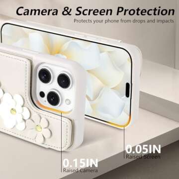 rongki for iPhone 16 Pro Case, Wallet with Card Holder, Cute Flower Design Crossbody Phone Purse for Women, PU Leather Magnetic Kickstand Shockproof Cover with Wrist Strap Phone Case 6.3" (Beige)