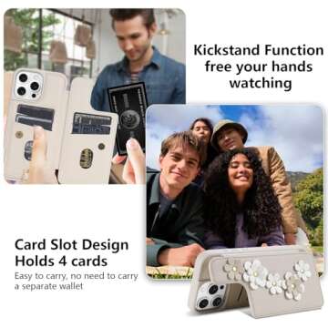 rongki for iPhone 16 Pro Case, Wallet with Card Holder, Cute Flower Design Crossbody Phone Purse for Women, PU Leather Magnetic Kickstand Shockproof Cover with Wrist Strap Phone Case 6.3" (Beige)