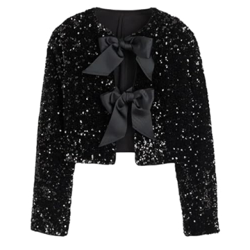 HYLLGUD Women Tie-Front Sequined Jacket Long Sleeve Sparkling Cropped Top with Bow Party Concert Nig...