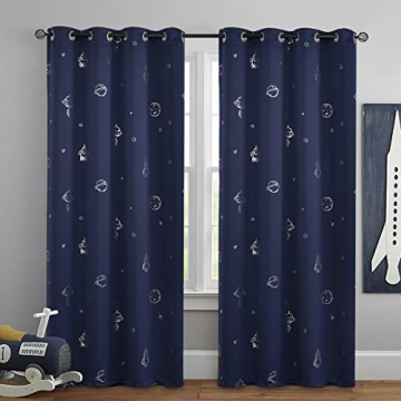 Vangao Kids Navy Blue Space Theme Blackout Curtains Set 2 Panels