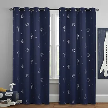 Vangao Kids Navy Blue Space Theme Blackout Curtains Set 2 Panels
