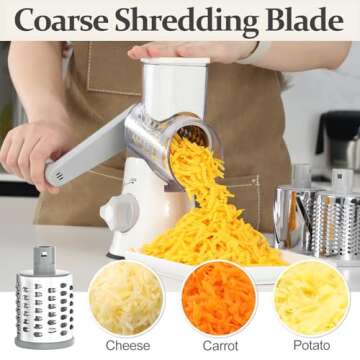 Cambom Rotary Cheese Grater Hand Crank Cheese Shredder for Fresh Cheese, Vegetable, Nuts,Non-slip Suction Base, Five Blades, White