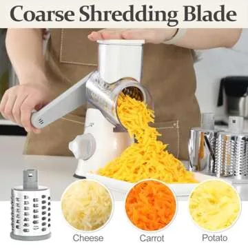 Cambom Rotary Cheese Grater Hand Crank Cheese Shredder for Fresh Cheese, Vegetable, Nuts,Non-slip Suction Base, Five Blades, White