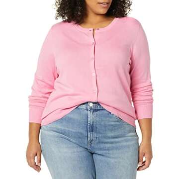 Amazon Essentials Women's Lightweight Crewneck Cardigan Sweater (Available in Plus Size), Pink, Large