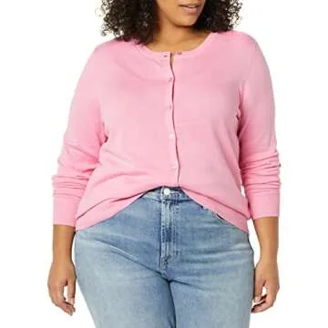 Amazon Essentials Women's Lightweight Crewneck Cardigan Sweater (Available in Plus Size), Pink, Large