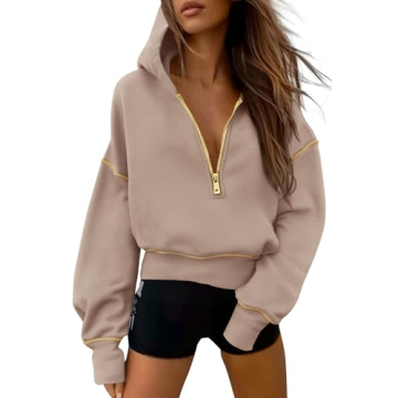 PRETTYGARDEN Women's Hooded Sweatshirts Long Sleeve Half Zip Cropped Hoodie Pullover Winter Fashion ...