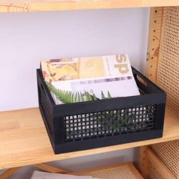 YRMT Wood Storage Crate Basket Rustic Wooden Storage Container for Organizing Decorative Bamboo Box with Handles for Pantry, Shelves Organizer 11.4" x 11.4" x 5" (Black)