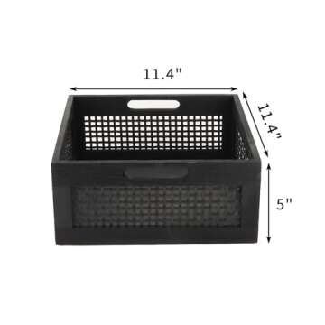 YRMT Wood Storage Crate Basket Rustic Wooden Storage Container for Organizing Decorative Bamboo Box with Handles for Pantry, Shelves Organizer 11.4" x 11.4" x 5" (Black)