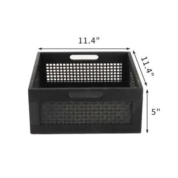 YRMT Wood Storage Crate Basket Rustic Wooden Storage Container for Organizing Decorative Bamboo Box with Handles for Pantry, Shelves Organizer 11.4" x 11.4" x 5" (Black)