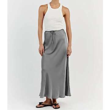 Meladyan Woman Drawstring High Elastic Waist Long Maxi Skirt A Line Flare Solid Slim Fitted Going Ou...