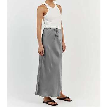 Meladyan Woman Drawstring High Elastic Waist Long Maxi Skirt A Line Flare Solid Slim Fitted Going Out Casual Midi Skirts Silver