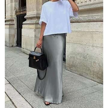 Meladyan Woman Drawstring High Elastic Waist Long Maxi Skirt A Line Flare Solid Slim Fitted Going Out Casual Midi Skirts Silver