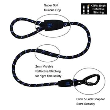Kruz Reflective Dog Leash - KZROPE5048-02S - Soft Silicone Grip - Click & Lock Snap - Pet Walking, Running, Training - Heavy-Duty, Durable Rope - Security, Control and Comfort - Blue - 3/8" x 4 FT