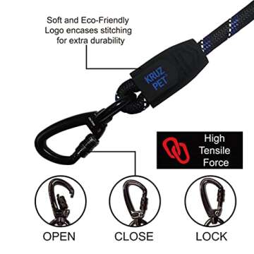 Kruz Reflective Dog Leash - KZROPE5048-02S - Soft Silicone Grip - Click & Lock Snap - Pet Walking, Running, Training - Heavy-Duty, Durable Rope - Security, Control and Comfort - Blue - 3/8" x 4 FT