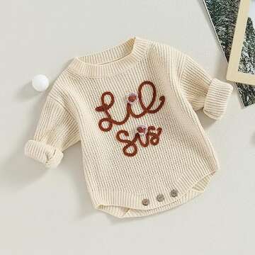 VISGOGO Big Little Sister Matching Sweater Baby Girls Knitted One-Piece Outfits Toddler Brother Sweatshirt Clothes (Beige-Lil Sis, 0-3 Months)