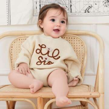 VISGOGO Big Little Sister Matching Sweater Baby Girls Knitted One-Piece Outfits Toddler Brother Sweatshirt Clothes (Beige-Lil Sis, 0-3 Months)